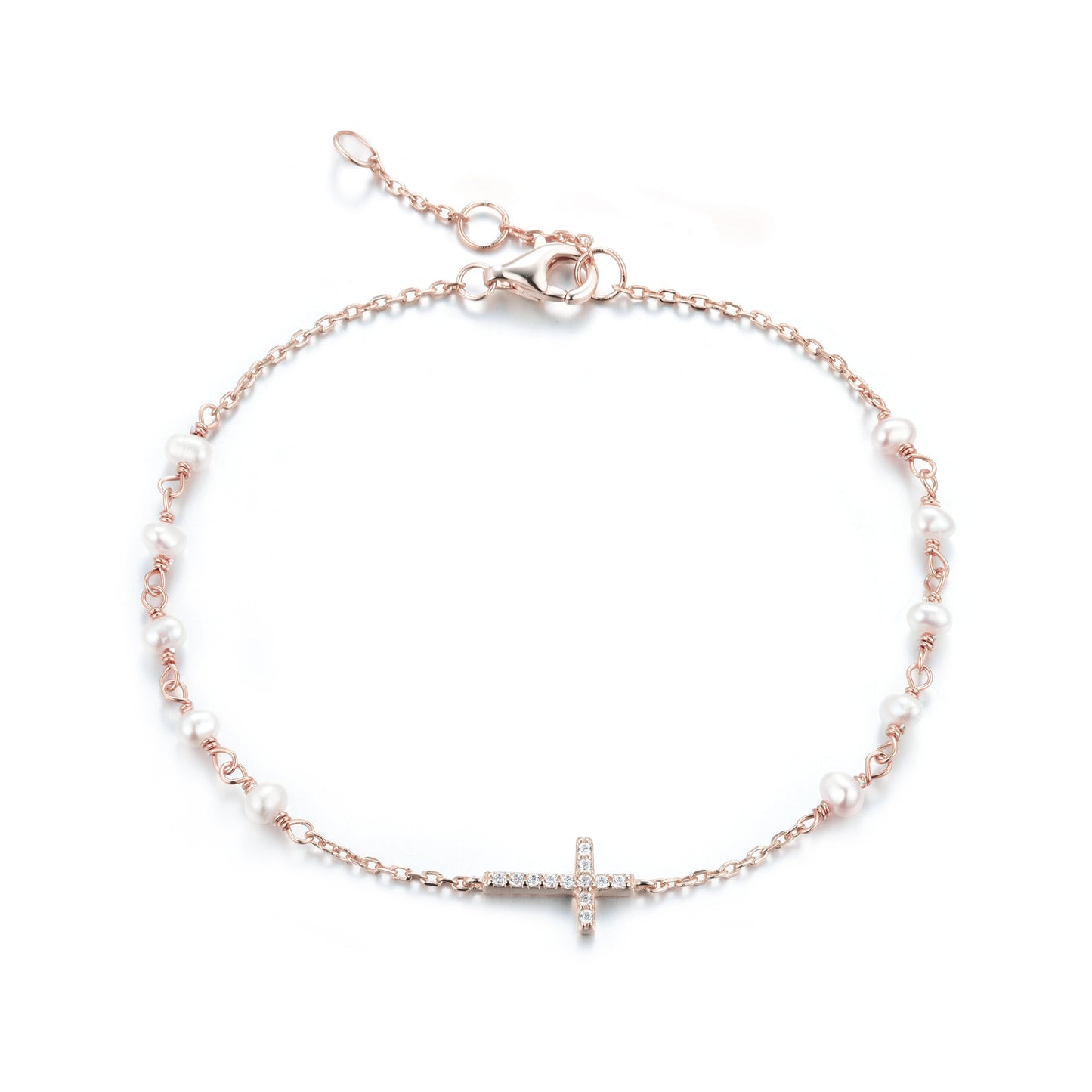 GABRIELLA CROSS PEARL BEADED ROSE GOLD BRACELET
