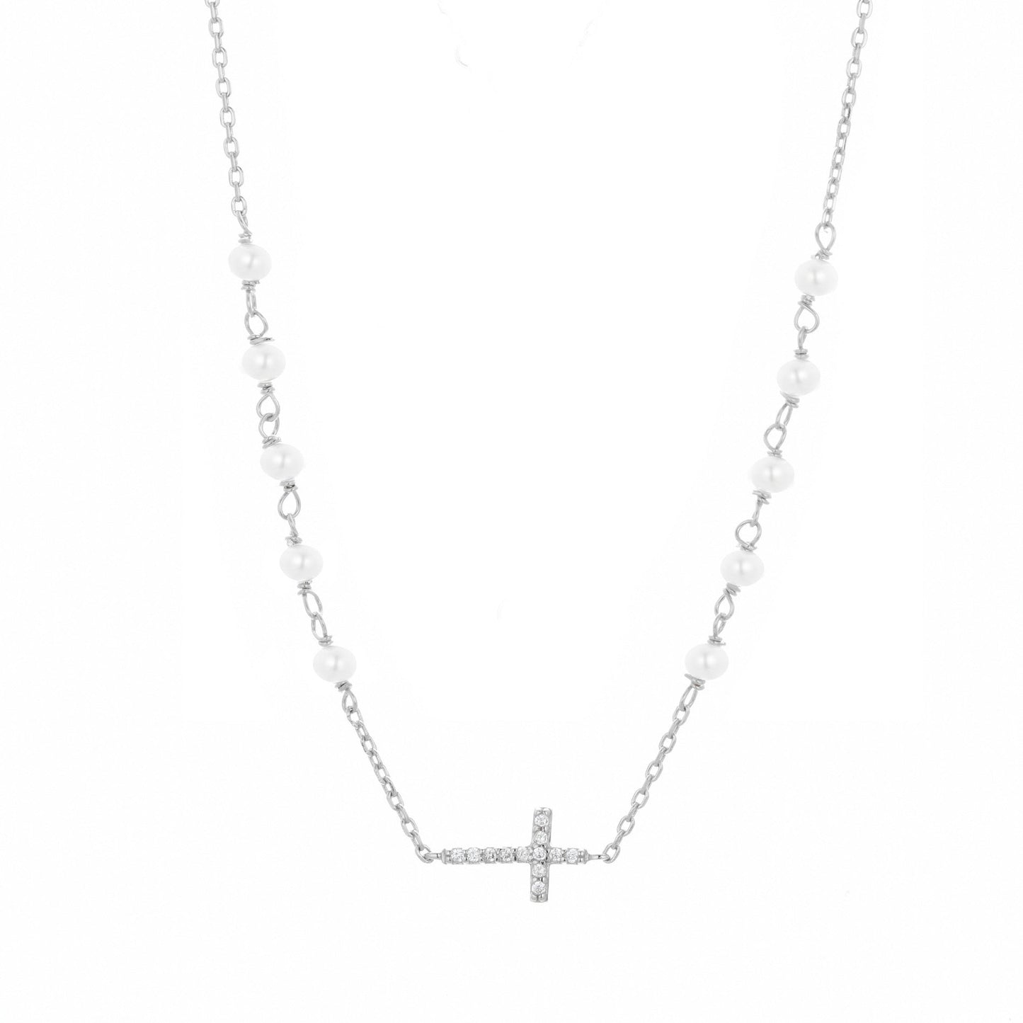 GABRIELLA CROSS PEARL BEADED SILVER NECKLACE