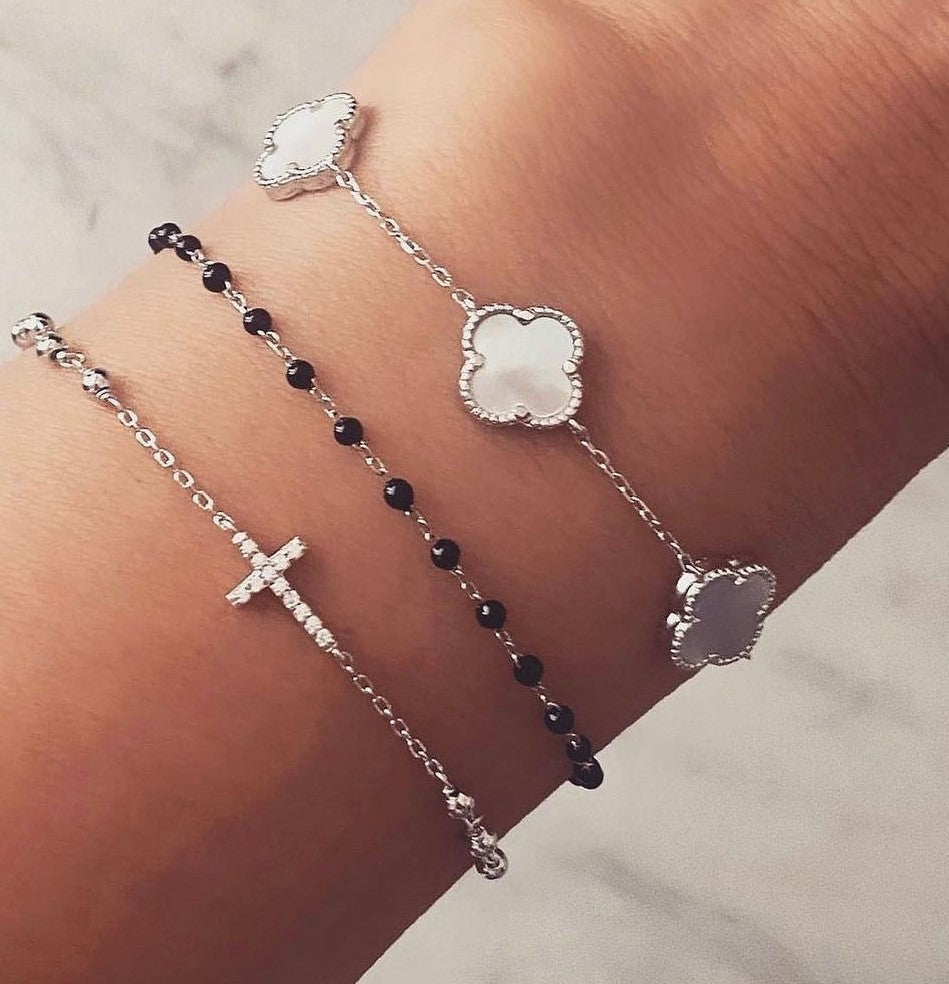 EVA CRYSTAL ROSARY CROSS SILVER BRACELET
