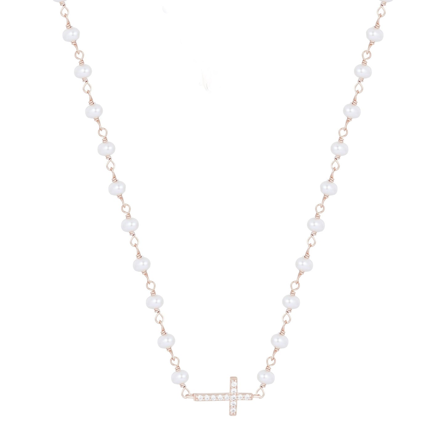 KATERINA CROSS PEARL BEADED ROSE GOLD NECKLACE
