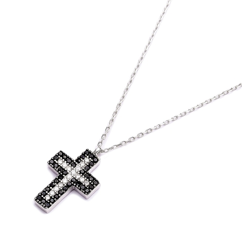 Onyx and crystal cross necklace