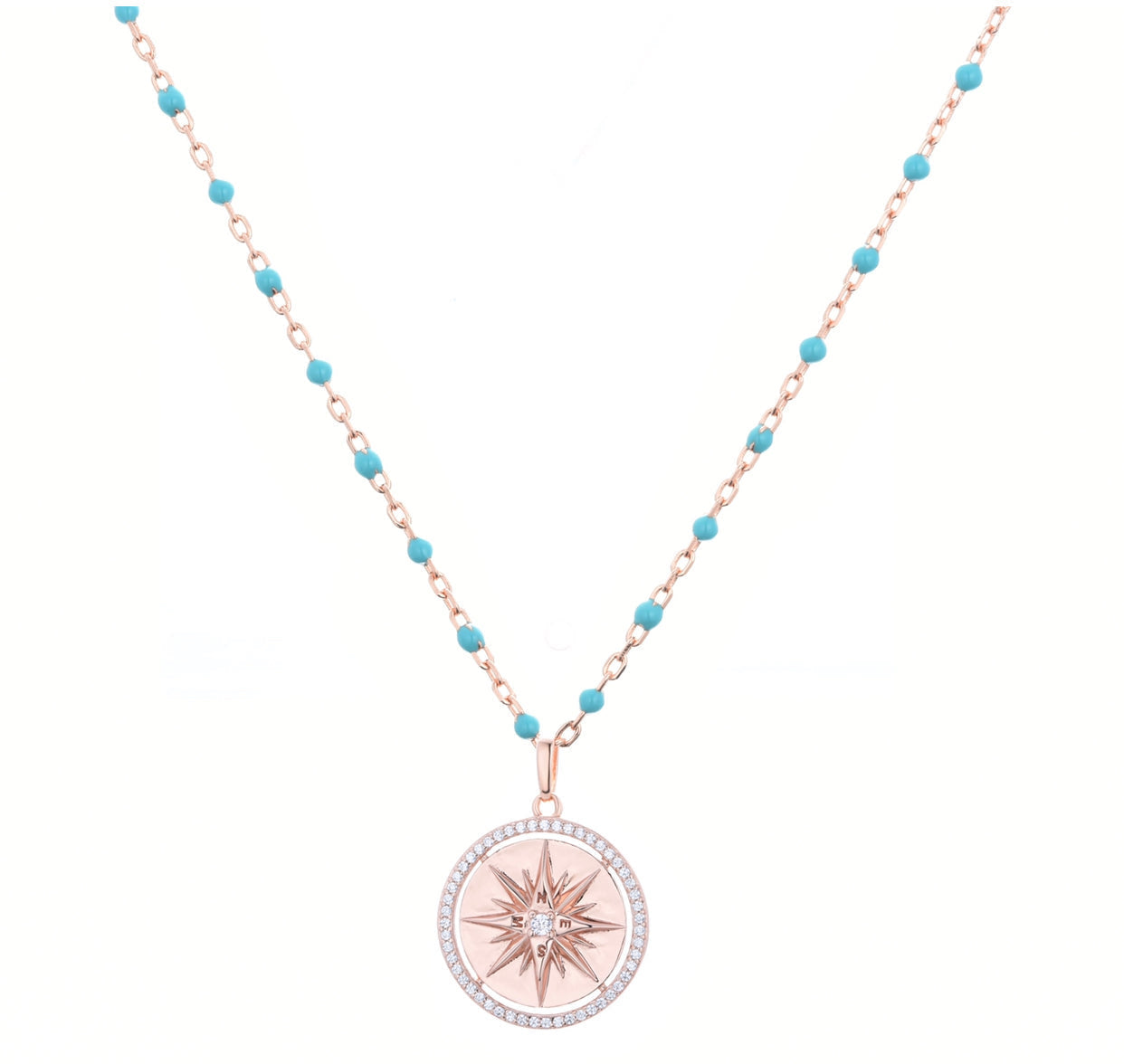 rose gold compass turquoise beaded necklace