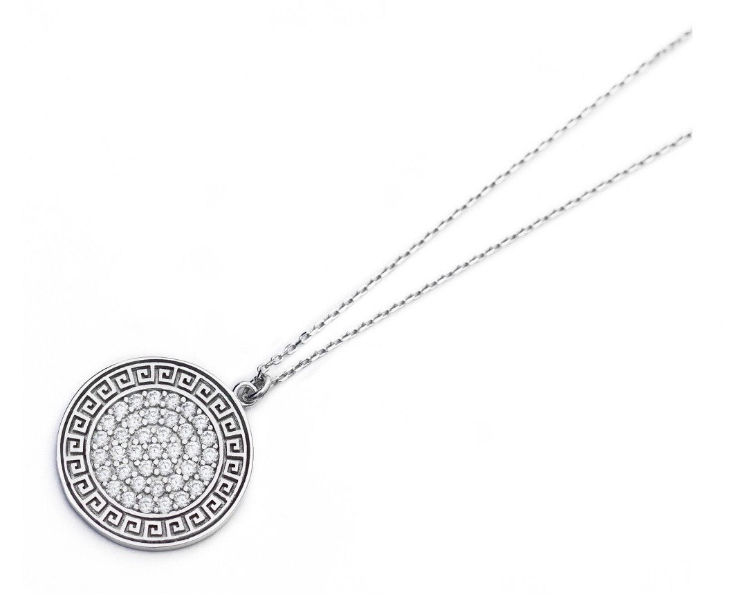 greek meander crystal silver necklace