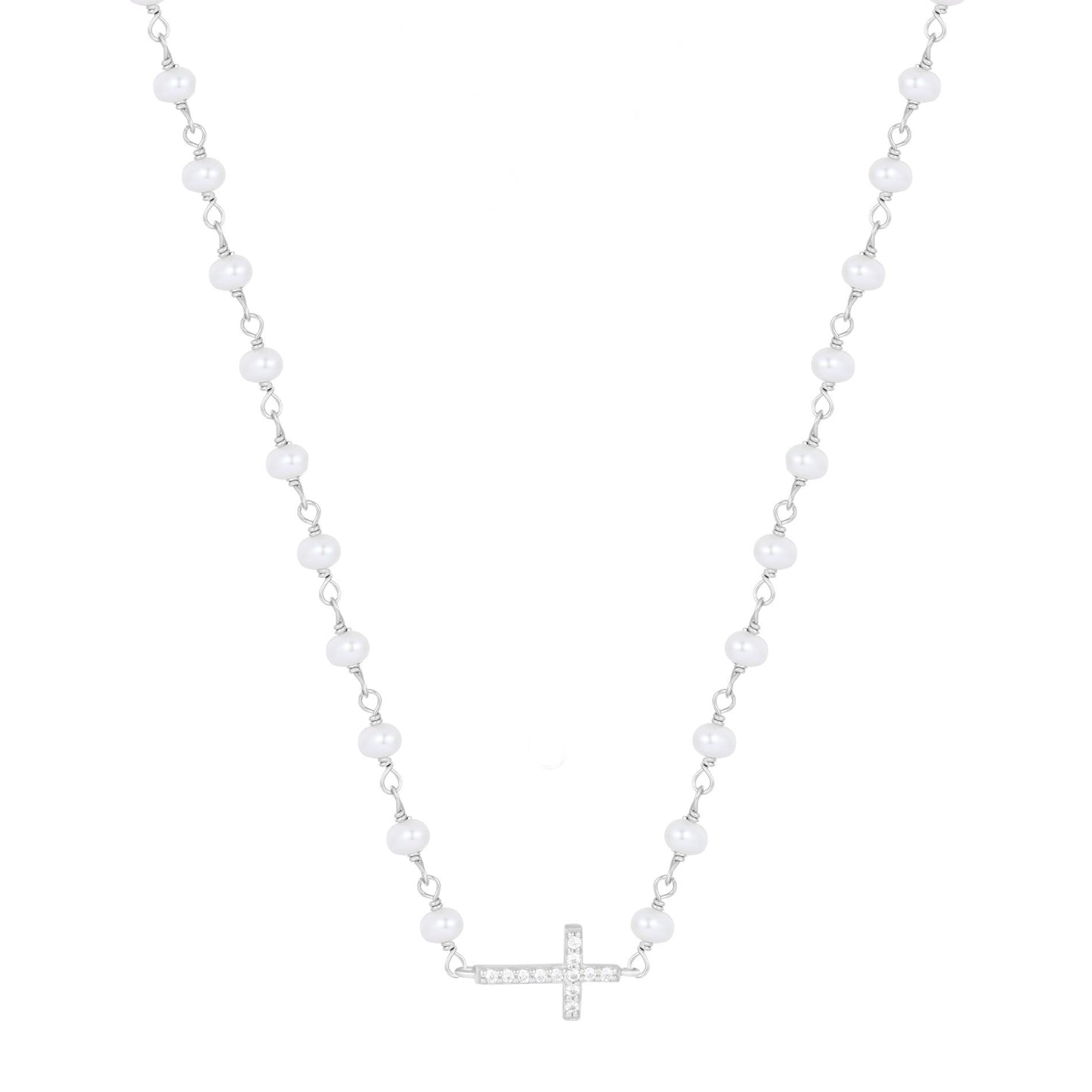 KATERINA CROSS PEARL BEADED SILVER NECKLACE