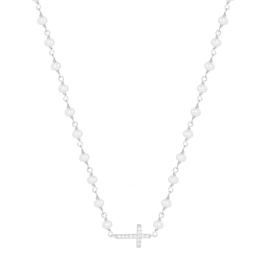 KATERINA CROSS PEARL BEADED SILVER NECKLACE