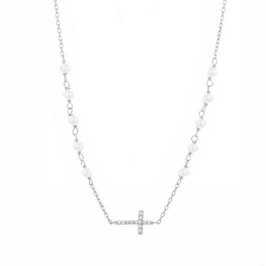 GABRIELLA CROSS PEARL BEADED SILVER NECKLACE
