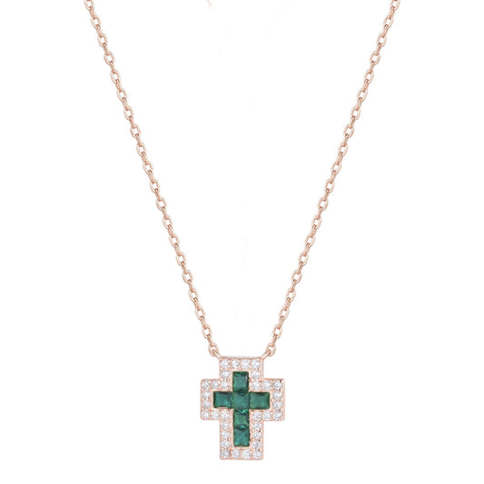 SARAI EMERALD CROSS ROSE GOLD NECKLACE