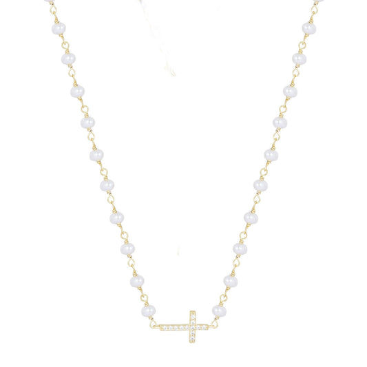KATERINA CROSS PEARL BEADED GOLD NECKLACE