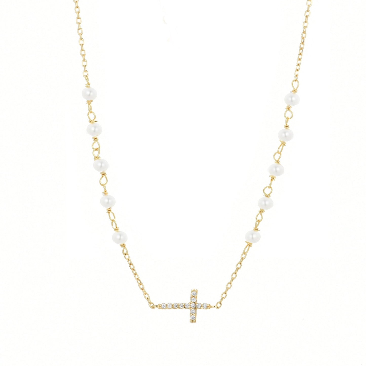 GABRIELLA CROSS PEARL BEADED GOLD NECKLACE