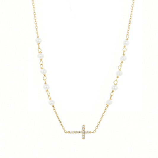 GABRIELLA CROSS PEARL BEADED GOLD NECKLACE