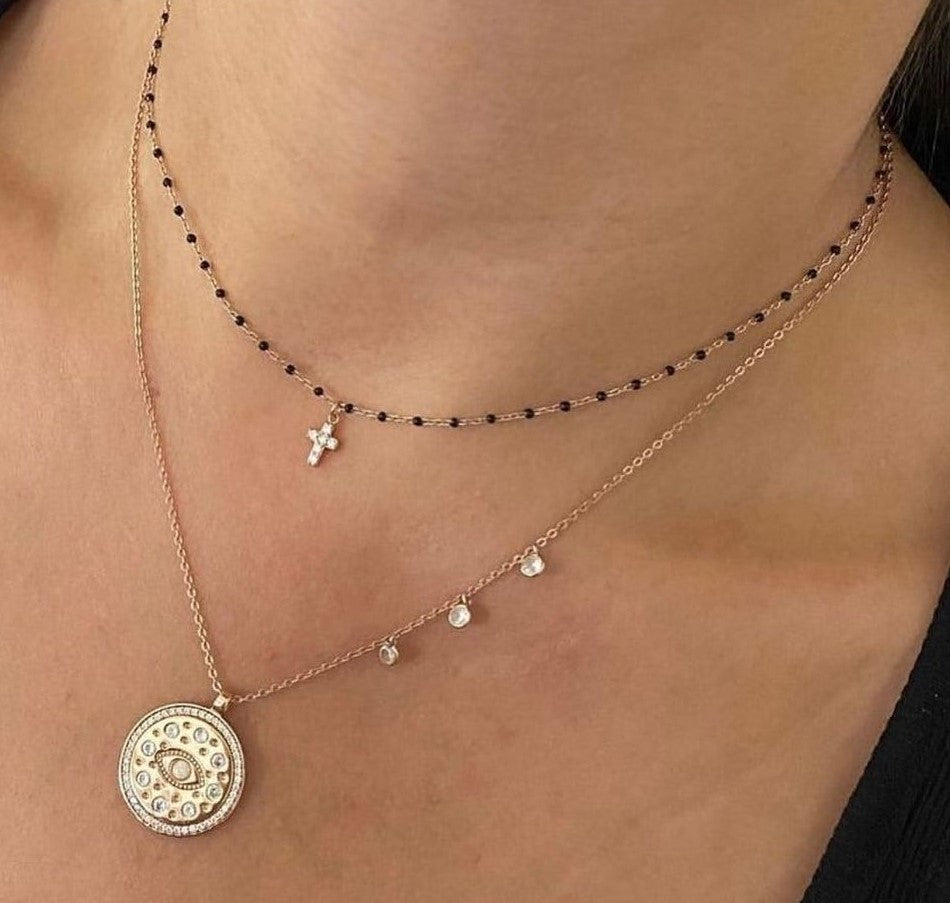 AMARI MINI CROSS BLACK BEADED ROSE GOLD NECKLACE