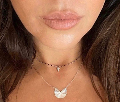 AMARI MINI CROSS BLACK BEADED SILVER NECKLACE