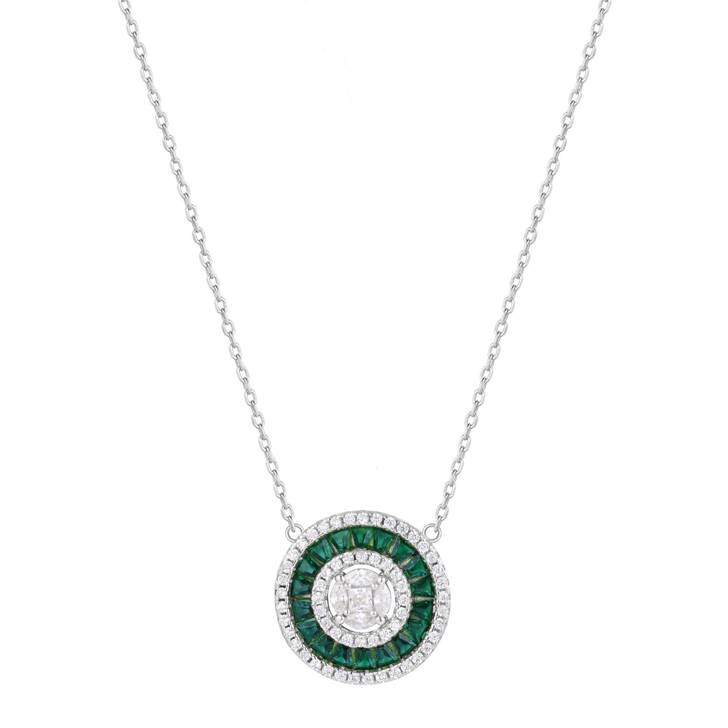 CHARLI EMERALD BAGUETTE ROUND SILVER NECKLACE