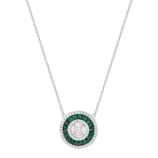 CHARLI EMERALD BAGUETTE ROUND SILVER NECKLACE
