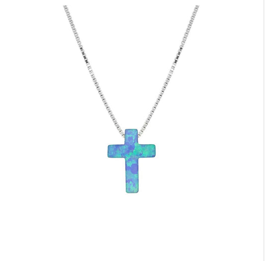 LIGHT BLUE OPALITE CROSS ROSE GOLD NECKLACE