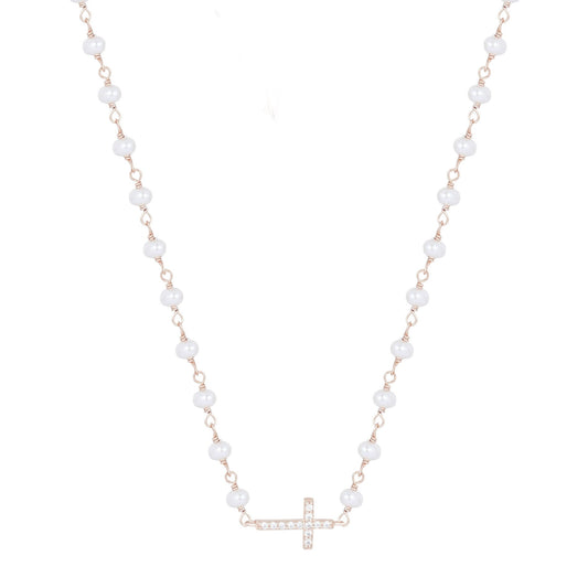 KATERINA CROSS PEARL BEADED ROSE GOLD NECKLACE