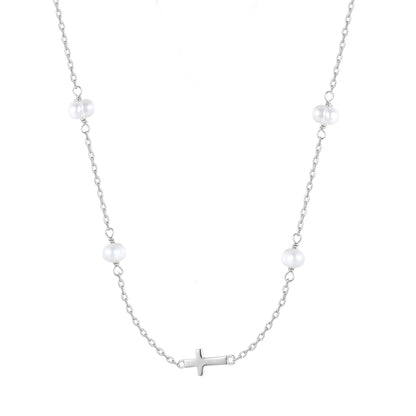 silver pearl beaded cross necklace 