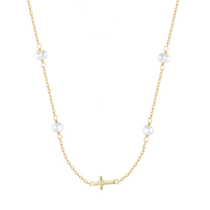 gold pearl beaded cross necklace 