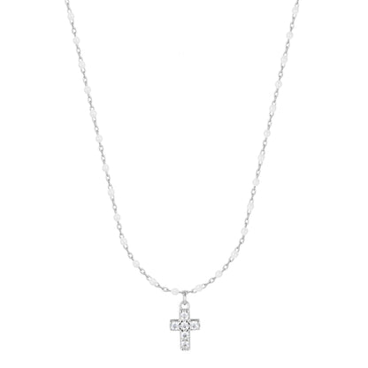 AMARI MINI CROSS WHITE BEADED SILVER NECKLACE
