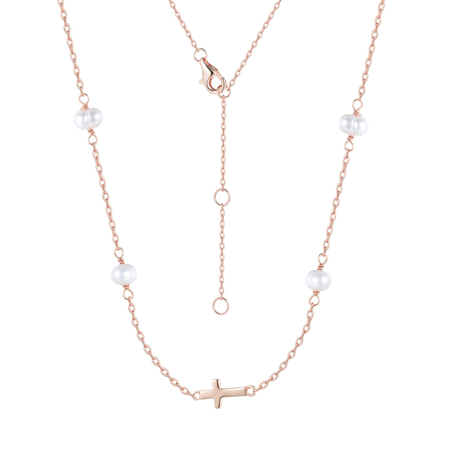 MIKALA CROSS PEARL BEADED ROSE GOLD NECKLACE