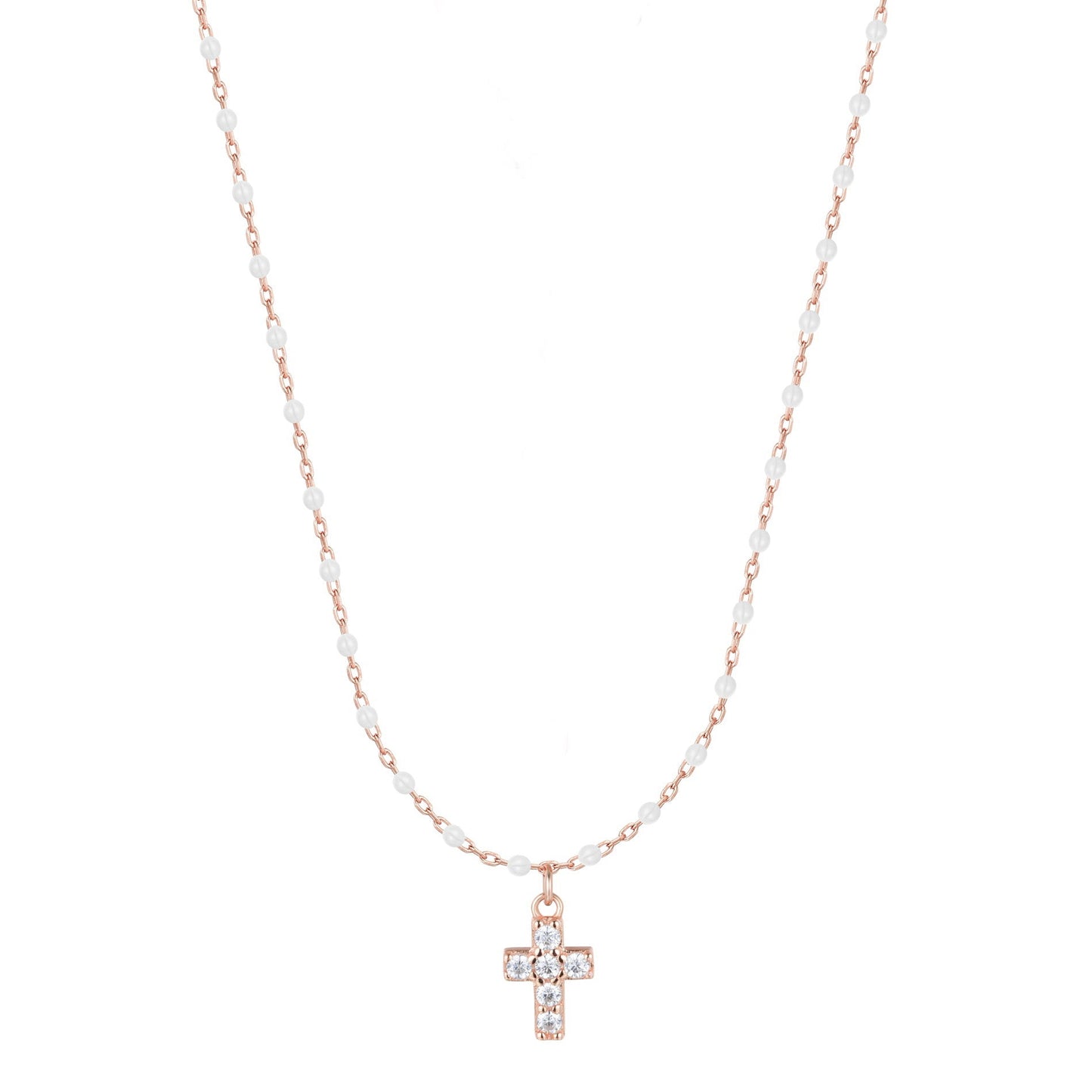 AMARI MINI CROSS WHITE BEADED ROSE GOLD NECKLACE