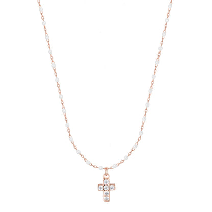 AMARI MINI CROSS WHITE BEADED ROSE GOLD NECKLACE