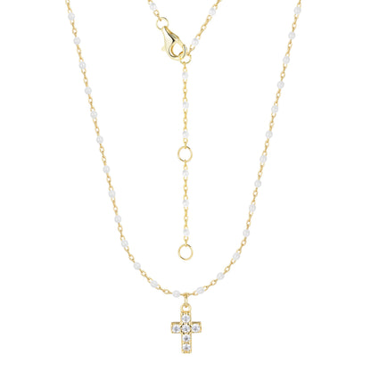 AMARI MINI CROSS WHITE BEADED GOLD NECKLACE