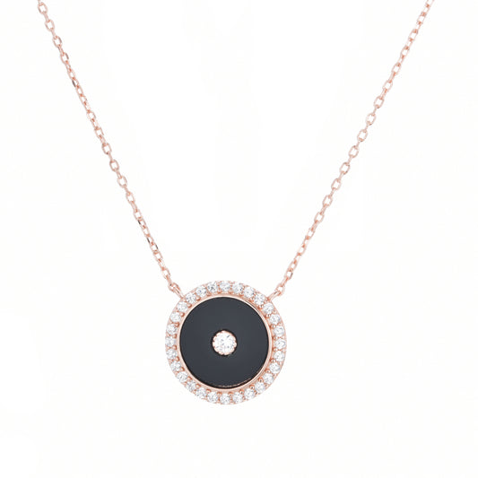 MYLAH ROUND ONYX ROSE GOLD NECKLACE