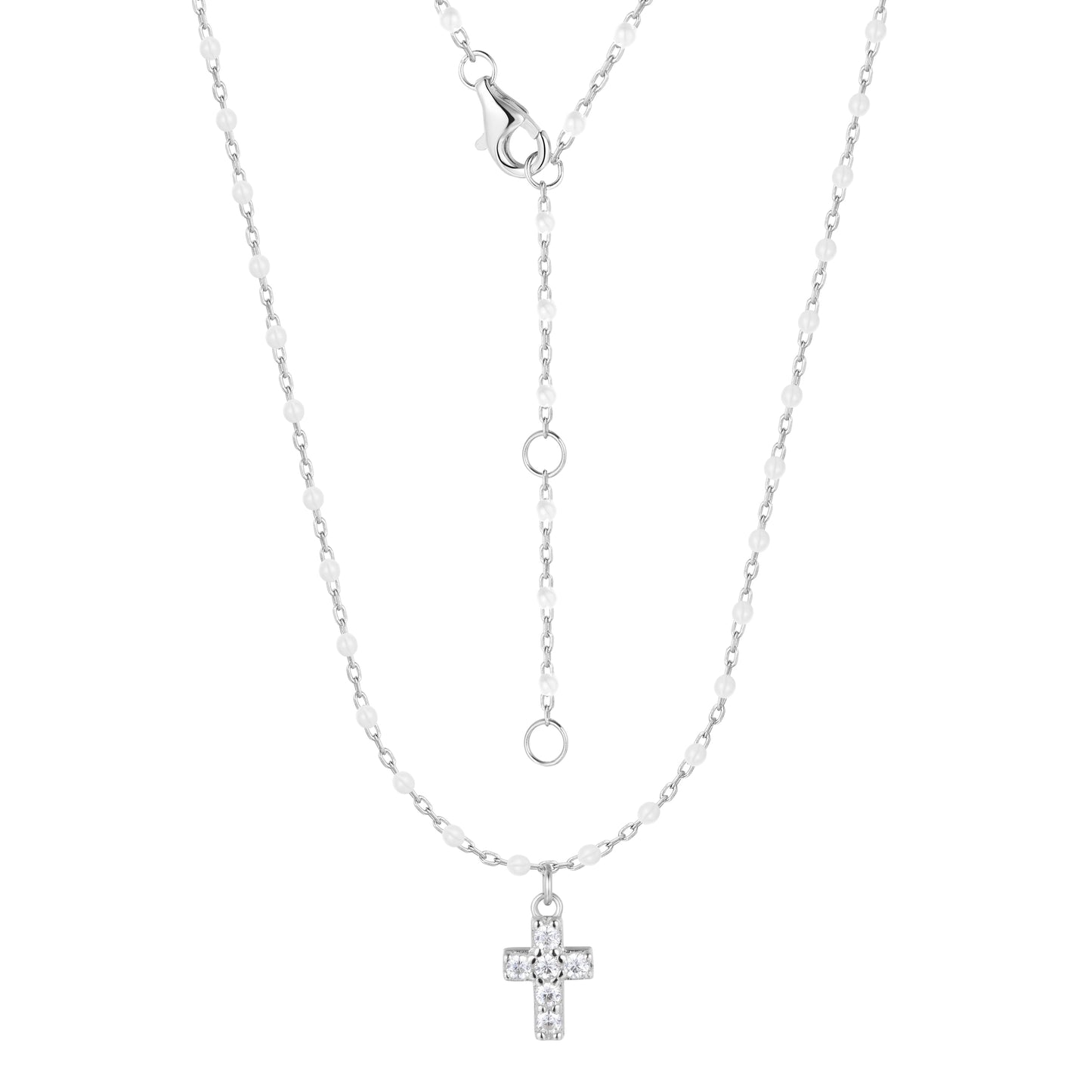 AMARI MINI CROSS WHITE BEADED SILVER NECKLACE
