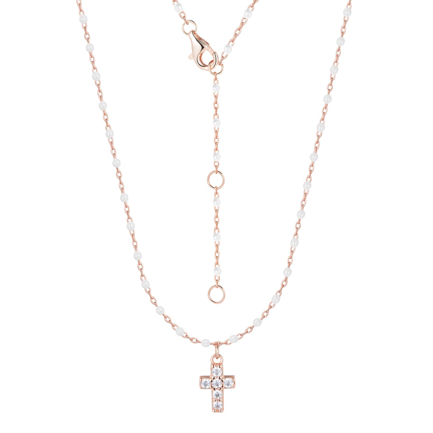 AMARI MINI CROSS WHITE BEADED ROSE GOLD NECKLACE