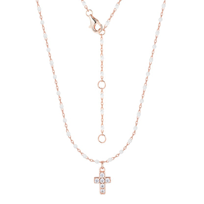 AMARI MINI CROSS WHITE BEADED ROSE GOLD NECKLACE