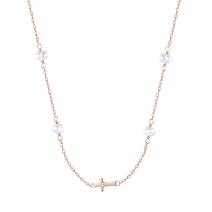 MIKALA CROSS PEARL BEADED ROSE GOLD NECKLACE