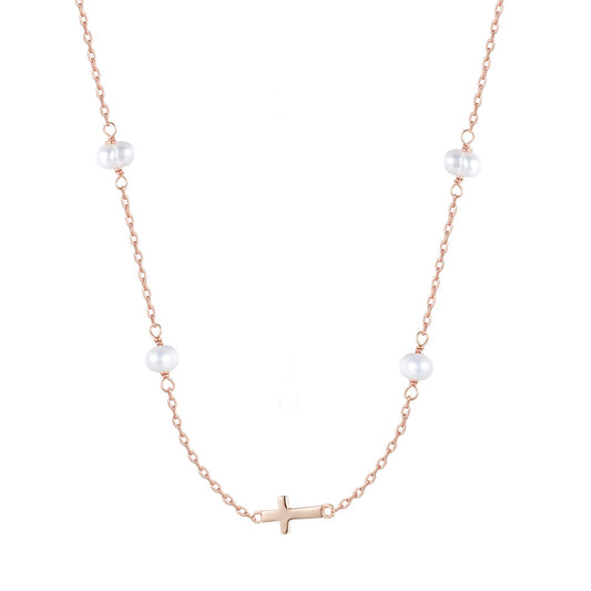 MIKALA CROSS PEARL BEADED ROSE GOLD NECKLACE