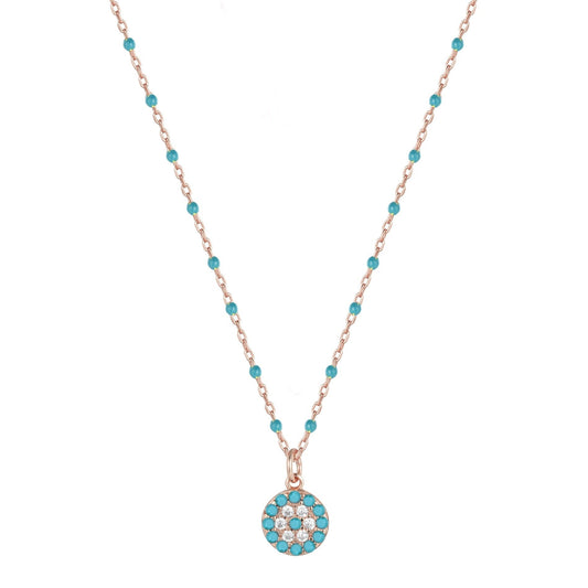 MELINA MINI EVIL EYE BLUE BEADED ROSE GOLD NECKLACE