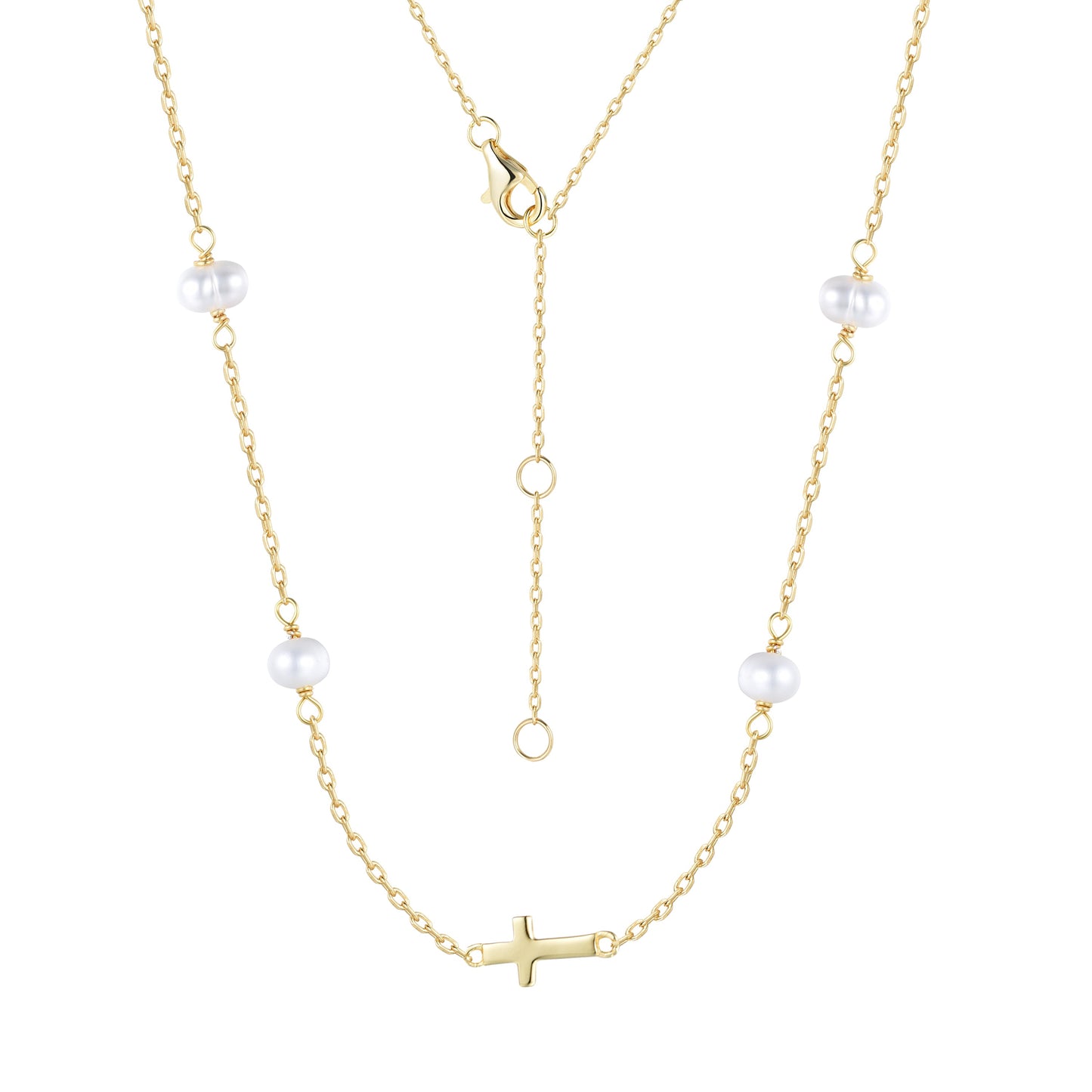 MIKALA CROSS PEARL BEADED GOLD NECKLACE