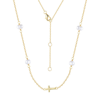 MIKALA CROSS PEARL BEADED GOLD NECKLACE