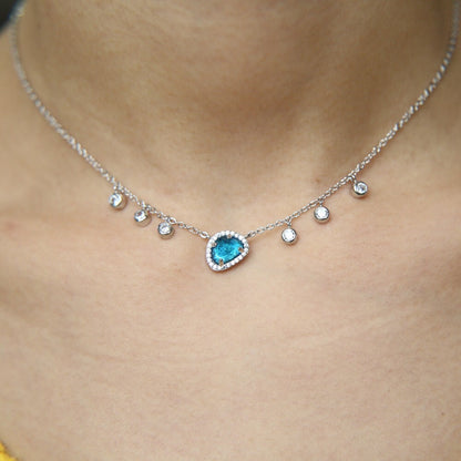 blue stone silver necklace with crystal droplets