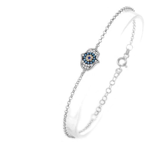 LUCKY HAMSA AND EVIL EYE SILVER BRACELET