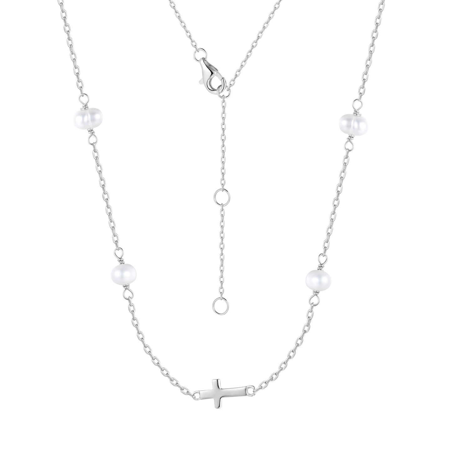 MIKALA CROSS PEARL BEADED SILVER NECKLACE