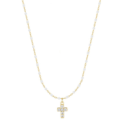 AMARI MINI CROSS WHITE BEADED GOLD NECKLACE